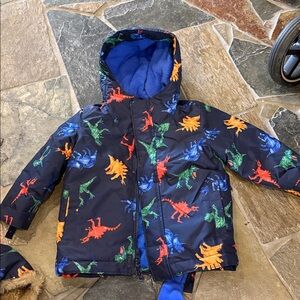 Childrens Place 4 Piece Snow Overalls Jacket gloves hat 2T Blue Dinosaurs